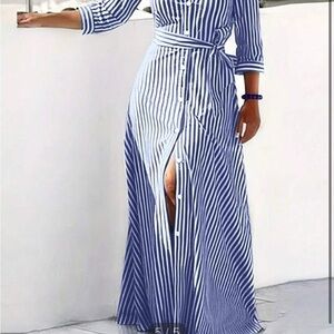 SHEIN Blue and White Wrap Maxi Dress with Tie Front